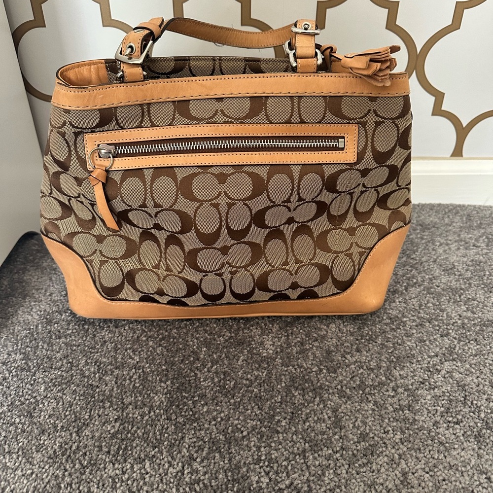 Coach Brown and Tan Shoulder Bag with Signature Monogram